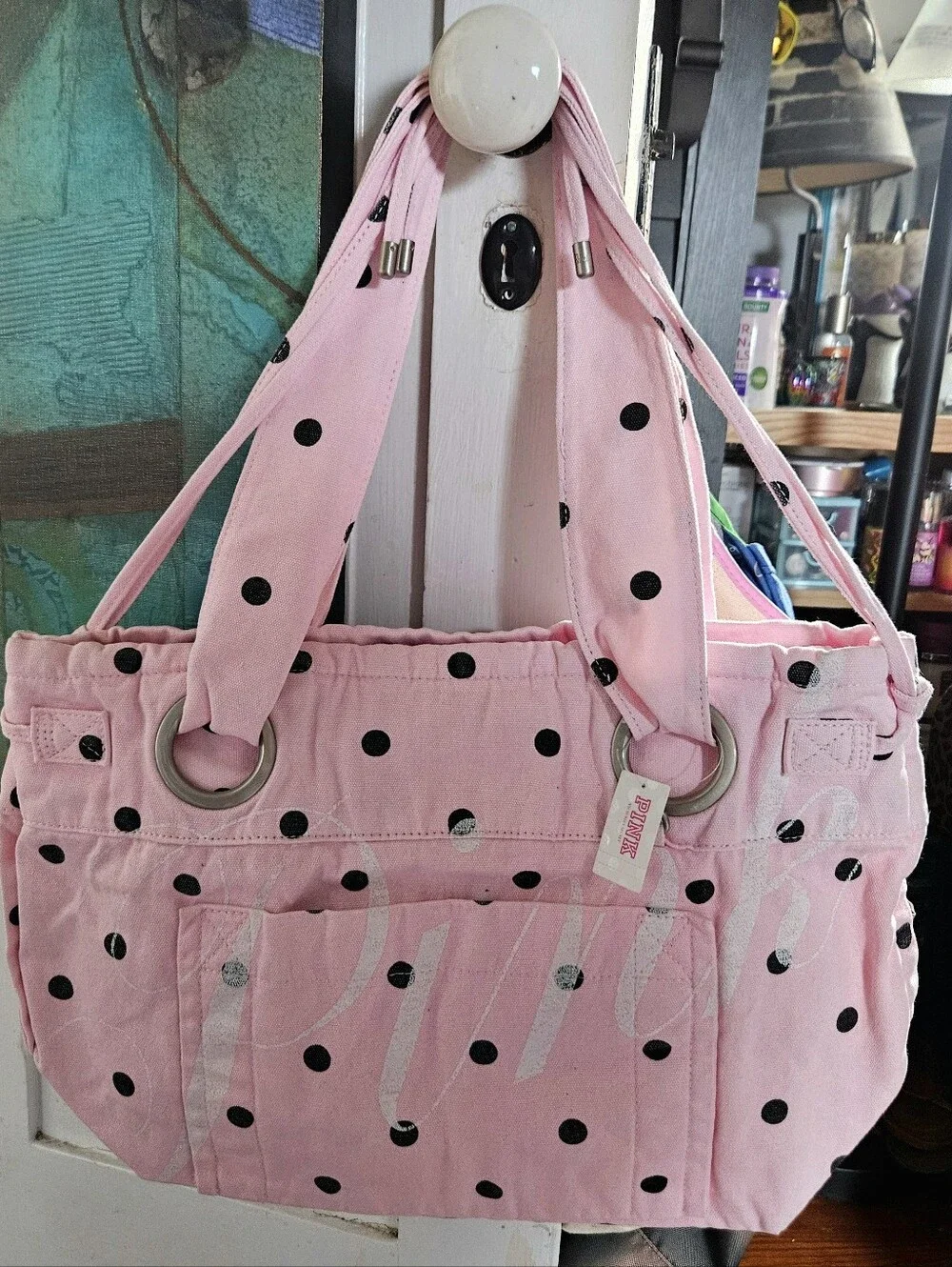 PINK Victoria's Secret Canvas Flat Bottom Tote Bag In Pink Dot NEW MSRP $69.95